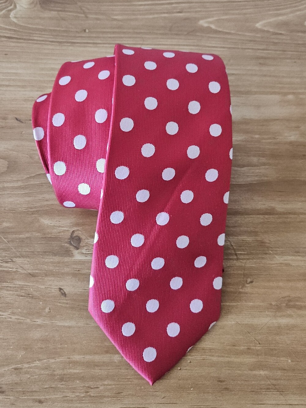 Red Narrow Neck Tie w/White Polka Dots 100% Silk